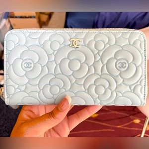 Authentic Chanel Camellia Lambskin Bi-fold Wallet (rare baby blue 👶🏼)